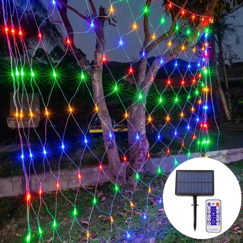Strängar 1.5x1.5m 3x2m LED Solar Net Mesh String Light Jul Holiday Fairy Outdoor Garden Fönster Gardin Icicle Lights Garland