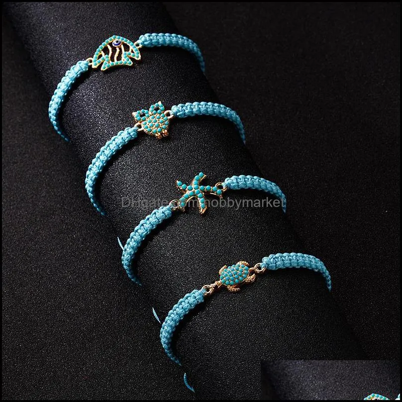 Fashion  Heart Blue Braided Rope Chain bracelets For Women Turquoise Turtle five star Infinity Charm Bangle with Card Jewelry