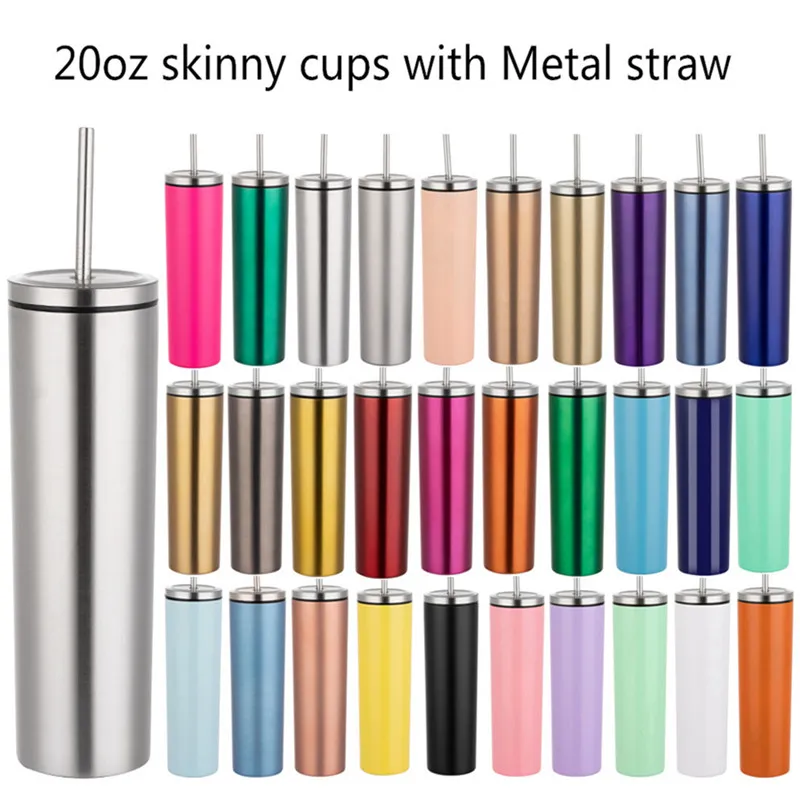 20oz Skinny Tumbler Rostfritt Stål Isolerad Kaffe Koppar Vakuum Öl Cup Dubbelvägg Vin Tumblers med lock Metal Straws LXL-01Q