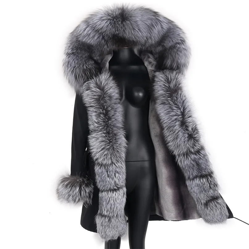 Lång vattentät Parka Vinterjacka Kvinnor Real Fur Coat Natural Raccoon Fur Streetwear Avtagbar Ytterkläder 211129