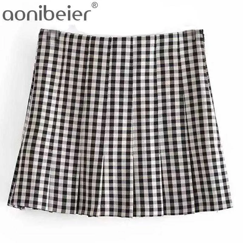 Zwart Wit Plaid Plooited Rokken Zomer Casual Side Rits Hoge Taille A-lijn Gecontroleerde Elegante Vrouwen Mini 210604