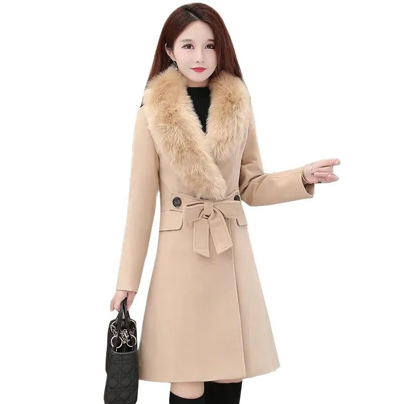 Women's Wool & Blends Woman Basic Coats 2021 Winter Jacket Slim Double Breasted Big Fur Collar Mid Long Woolen Coat Female Outerwear Overcoa