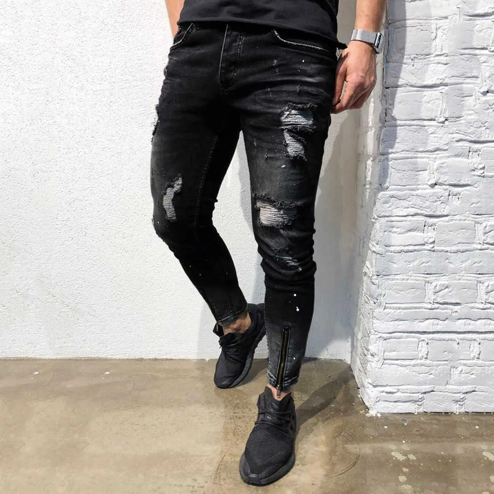 Mens Jeans Hip Hop Black Pants Cool Skinny Ripped Stretch Slim Elastic Denim Masculina Large Size For Male Casual Jogging Jeans X0621