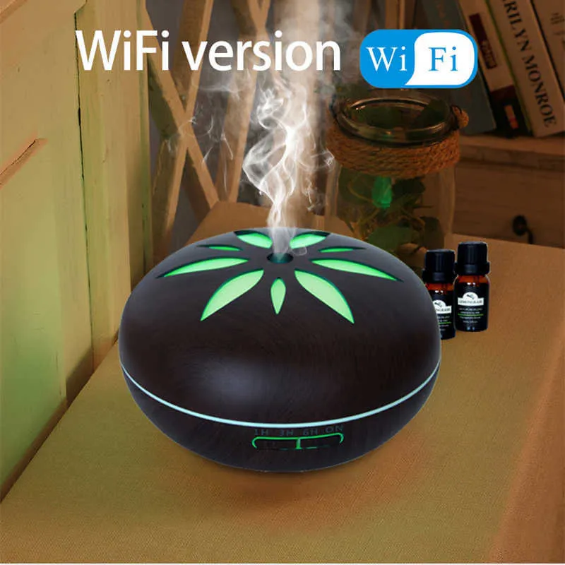 Smart Wifi Essential Oil Diffuser Compatible With Alexa 550ml Wood Grain Humidifier Ultrasonic Air Aroma 210724