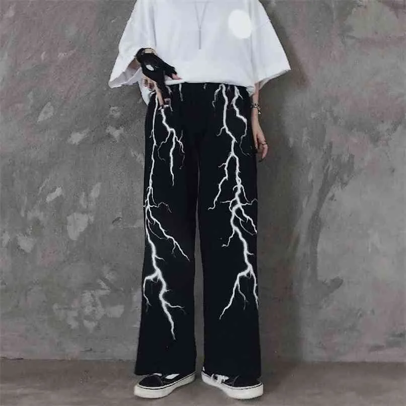 Mingliusili Vintage Pantalon à jambes larges Femmes Printemps Mode Pantalon gothique Streetwear Noir Lâche Punk Pantalon imprimé 210915