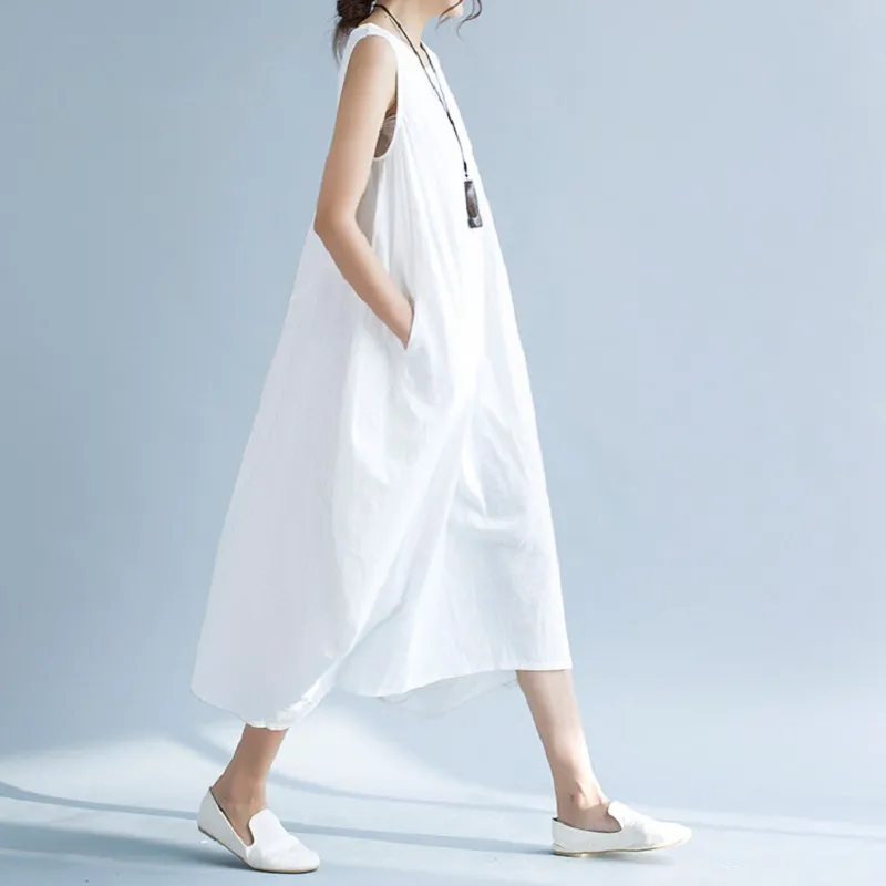 2021 Kadın Keten Elbiseler Sanatsal Kat Uzunluk Maxi Kırmızı Beyaz Uzun Elbise Kolsuz Etekler Giyim ile