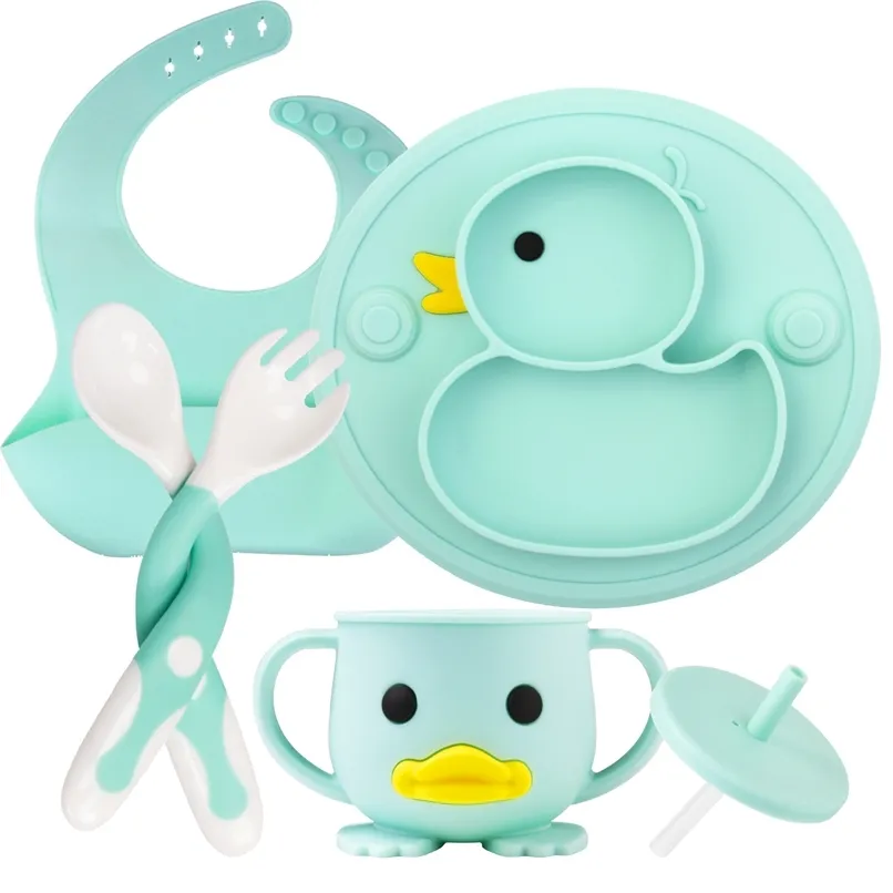Baby Silicone Plate Set Self-Feeding Antislip Saucer Suction Children's Tableware Silicone Dish for Baby-Led Weaning 9 Months+ 211214