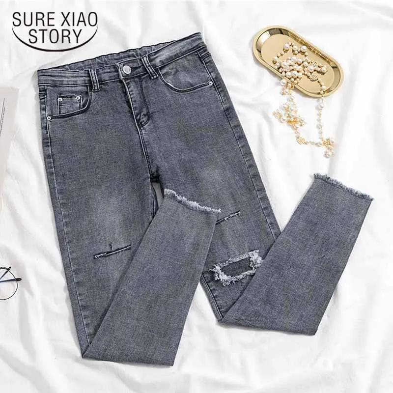 Koreaanse mode hoge taille denim jeans grijze denim elastische broek voor dames gat knop vrouwen potlood broek pantalon 11721 210527