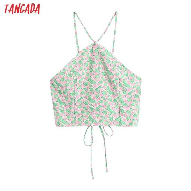 Tangada vrouwen sexy bloemen print camis crop top spaghetti riem mouwloze backless korte blouses shirts vrouwelijke strand top CE165 210609