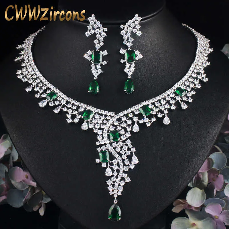 Cwwzirkons luxe groene kubieke zirkonia lange drop earring ketting party sieraden set voor bruiden bruiloft kostuum accessoires T446 H1022
