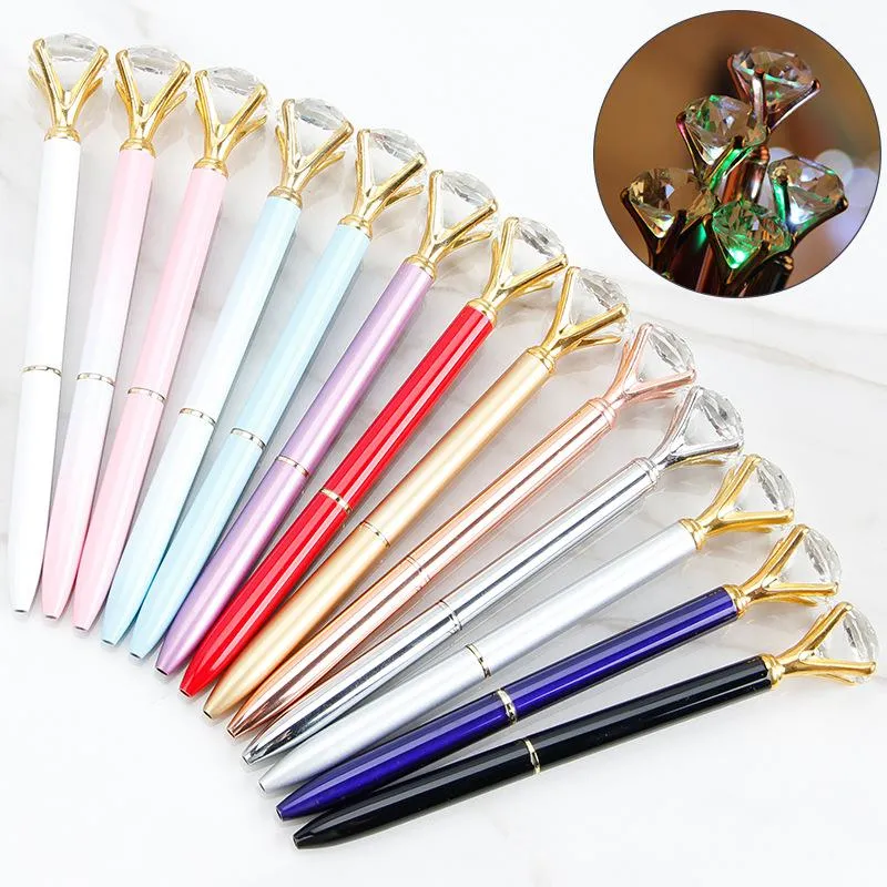 2021 LED Light Big Diamond Pen Creative New Design Super Crystal Light Metal Ballpoint Pennor Skriva Stationery Office School Student Present