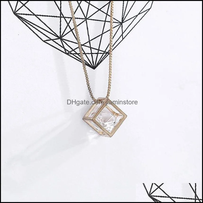 Box Pendant Necklace Silver Gold Chains Women Diamond Cube Necklaces Birthday Wedding Fashion Jewelry Gift Will and Sandy