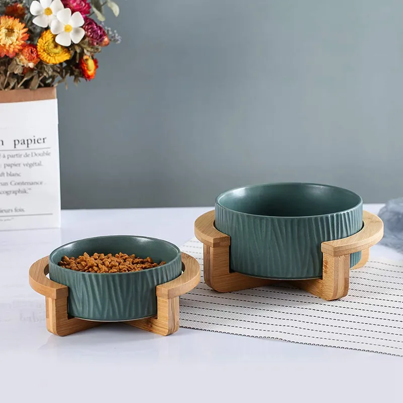 Elevated Ceramic Cat Bowl with Wood Stand - Tree Design, No Spill Pet ...