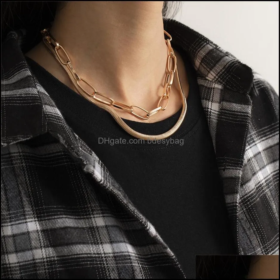 2Pcs/Set Flat Round Snake Chain Necklace for Women Sexy Wedding Collar Bijoux Femme Cuban Lock Link Choker Fashion Jewelry 2021