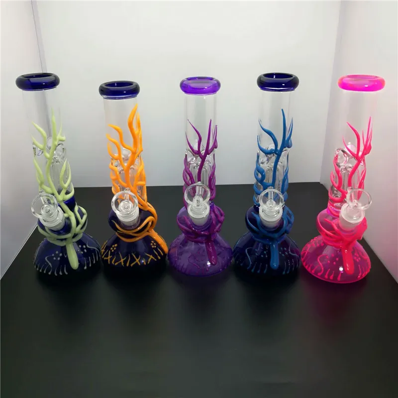 Glow In The Dark Beaker Bong 11 pouces 5mm Conception Tuyau d'eau en verre Peinture à la main fraîche Dab Plate-forme pétrolière