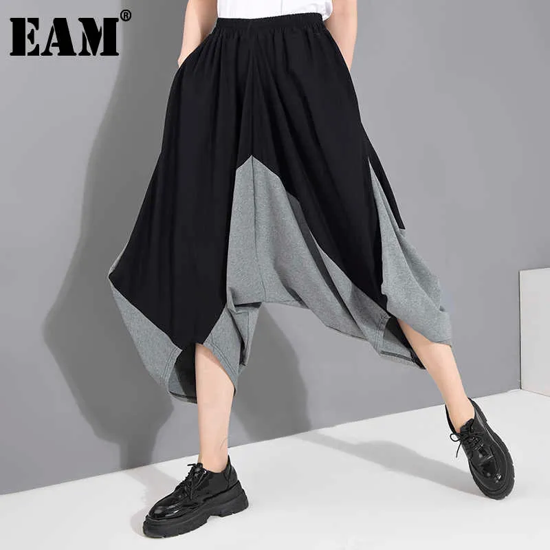 [EAM] Hohe elastische Taille Grey Wide Bein KontrastfarbenRosen Neue Lose Fit Hosen Frauen Mode Flut Frühling Sommer 2021 1W50302 Q0801