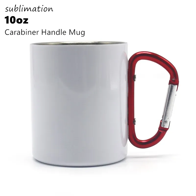 Tasse à café de voyage en acier inoxydable avec sublimation de 10 oz avec mousqueton à anneau en D comme poignée pour la randonnée en camping en plein air