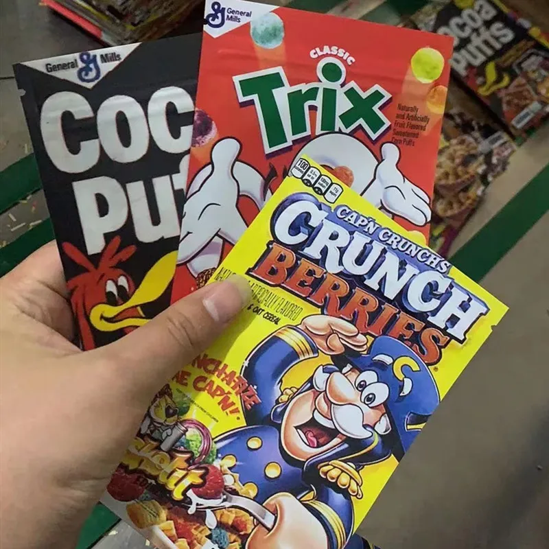 Resealable esketit mylar 포장 가방 crunch berries cocoa puffs trix gummies 포장 냄새 증거 지퍼 파우치 400mg 가방