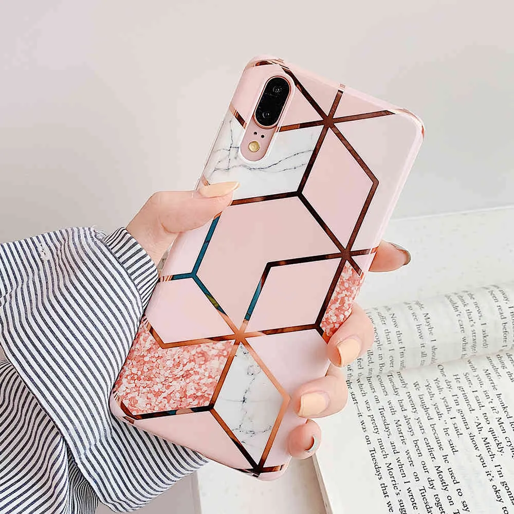 Plating Geometric Marble Phone Fodraler för Huawei P40 Lite P30 P20 Lite Pro Mate 20 Lite Glansig Mjuk IMD Telefon Tillbaka Cover