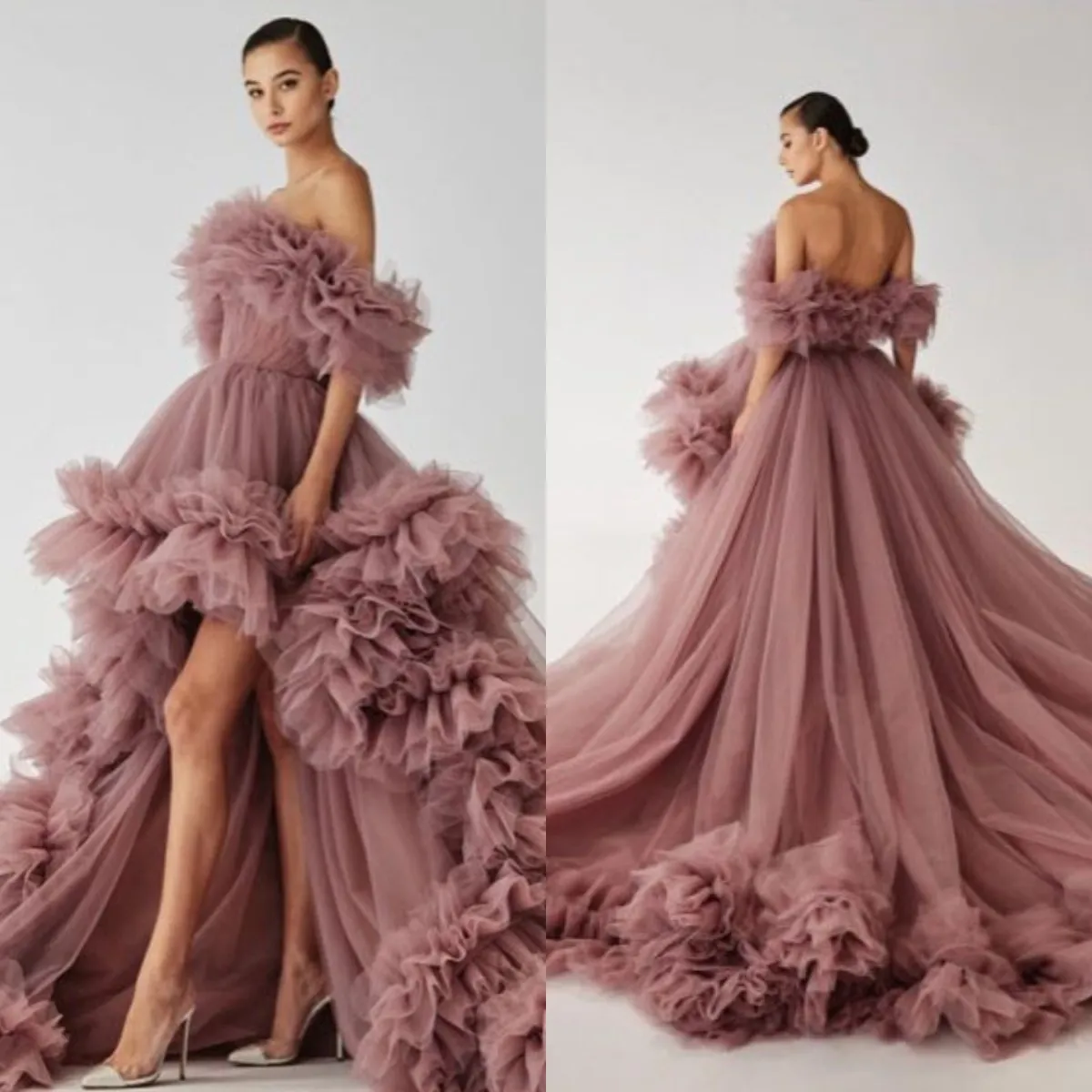 2022 robes de soirée de bal haut bas moelleux à volants en tulle hors de l'épaule robes de soirée formelles robe de photographie de séance photo sans bretelles