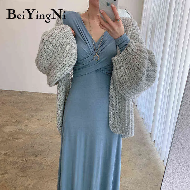 Beiyingni Korean Elegant Women Maxi Dress Solid Color Ruched Bust Crossed V-neck Full Sleeve Sexy Club Dresses Ladies Vestidos Y1204