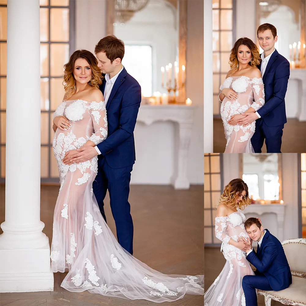 Off Shoulle Tulle Sleepwear Szaty Maternity Kobiety Koronkowe Aplikacje Z Długim Rękawem Bridal Ciężarowy Photoshoot Sukienka Zobacz przez wieczorne suknie party