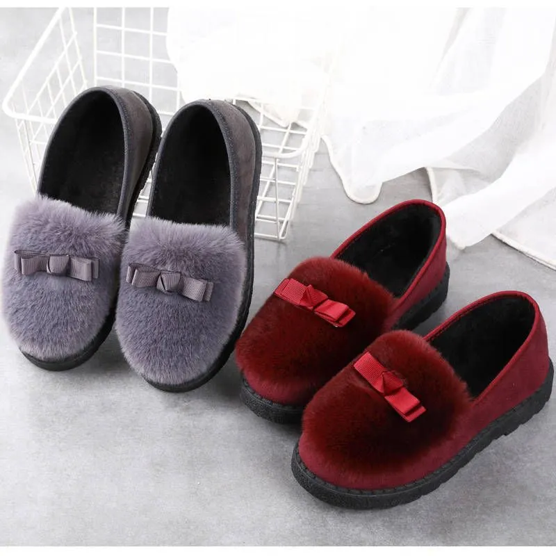 여성을위한 봉제 부츠 가을/겨울 고품질 패션 보우 평평한 캐주얼 따뜻한 비 슬립 면화 신발
