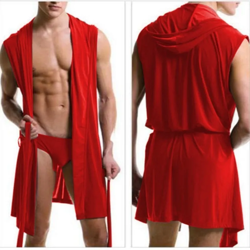 Sexy Silk Men s Pajamas Sleepwear Hooded Bathrobe with Briefs 5 Colors Summer Dress Bath Robe Set for Men Material Color Functionality