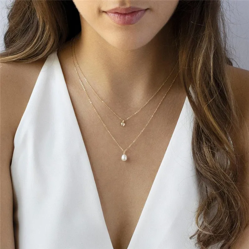 14K Gold Filled Pearl Necklace Handmade Jewelry Choker Pendants Collier Femme Kolye Collares Boho Heart Necklace for Women Q0531