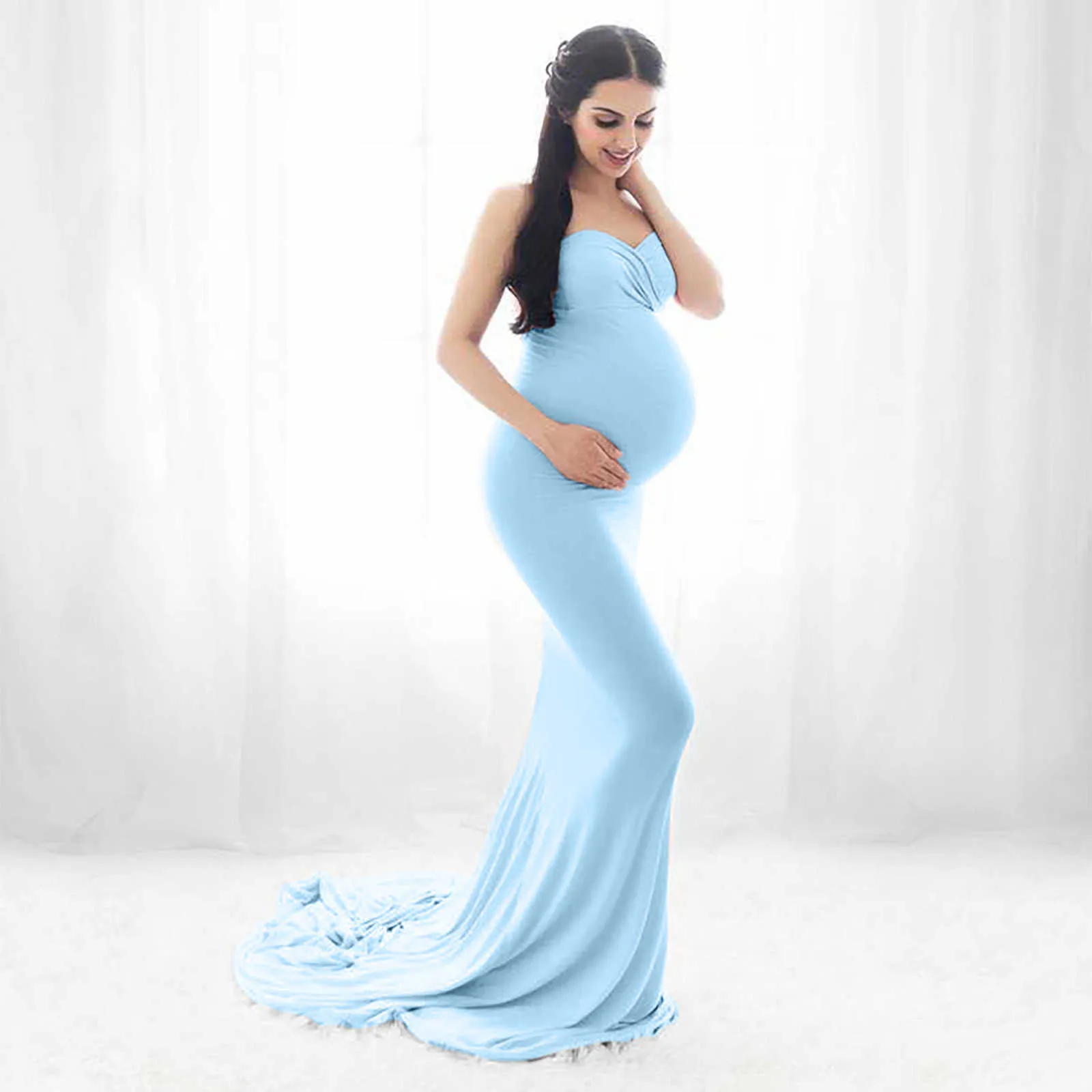 40 # zwangere vrouwen jurk foto shoot bruiloft mouwloze low-cut staart strapless lange moederschap Q0713