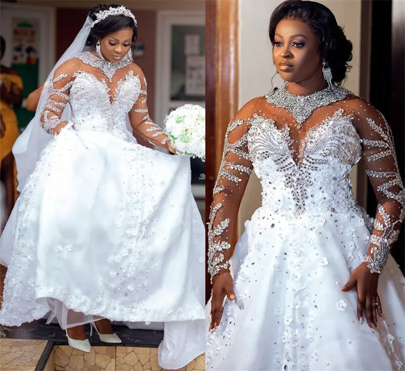 2021 Plus La Taille Arabe Aso Ebi Luxueux Dentelle Cristaux Robe De Mariée Sheer Cou Manches Longues Perlé A-ligne Robes De Mariée Robes ZJ066