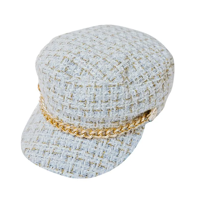 Berets Women Plaid Tweed Sboy Baker Boy Hat Captain Sailor Fisherman osiągnął szczyt z łańcuchem266c