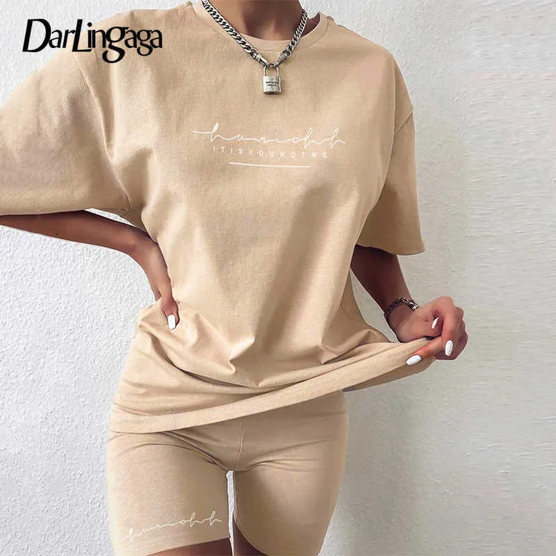 Darlingaga Casual Letter Print Workout Two Piece Set Tracksuit Women Summer Oversized Tshirt and Biker Shorts Matching Sets T200722