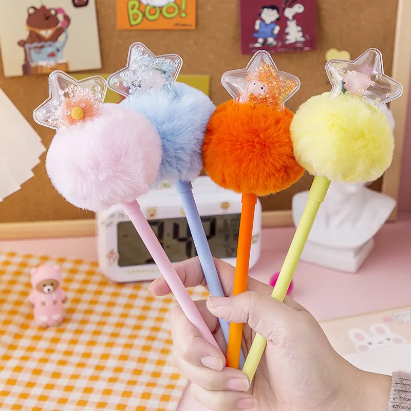 Ins Hot Plush Ball Pen Creative Stationery Lovely Neutral Pen 0.5MM Black Water Signature Fluffy Gel Pens School Office Supply Writing Tool 0858