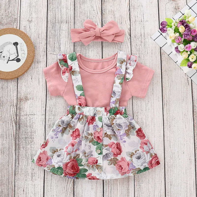 Wholesale garota nascida 3 pcs conjuntos de roupas verão vestido floral + romper + roupas de cabeça roupas bebês roupas e166 210610