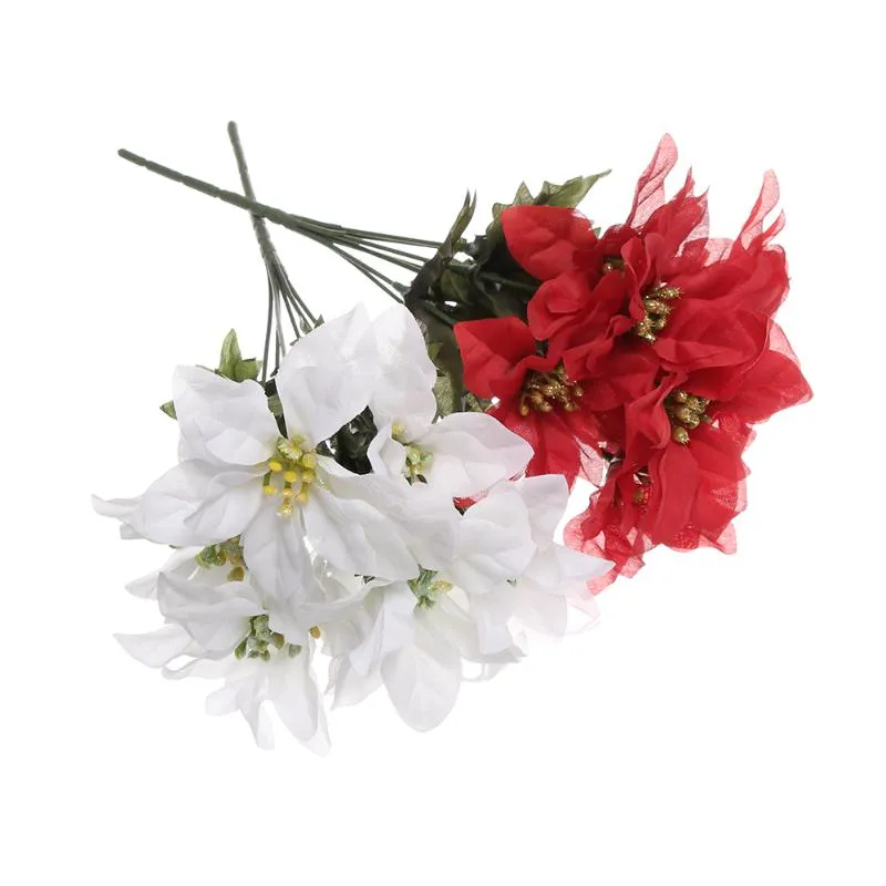 Dekorativa blommor kransar 1bunch 7 huvuden real touch flannel artificiell jul röd poinsettia buskar buketter xmas träd ornament weddi