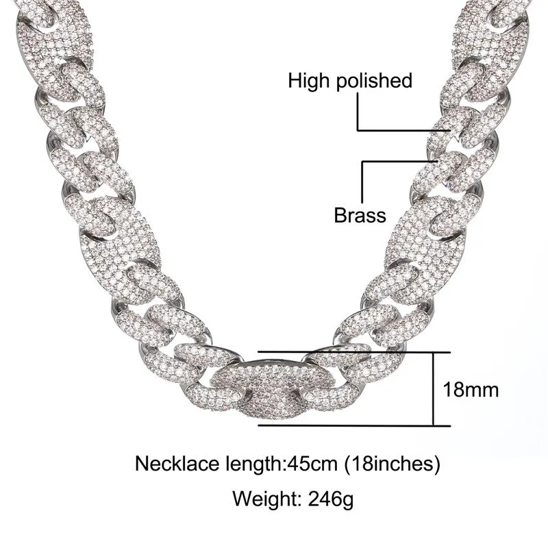 Chains Hip Hop 18MM Bling CZ Cubic Zirconia Coffee Bean Iced Out Luxury Cuban Link Chain Necklace For Men Women Rapper Jewelry