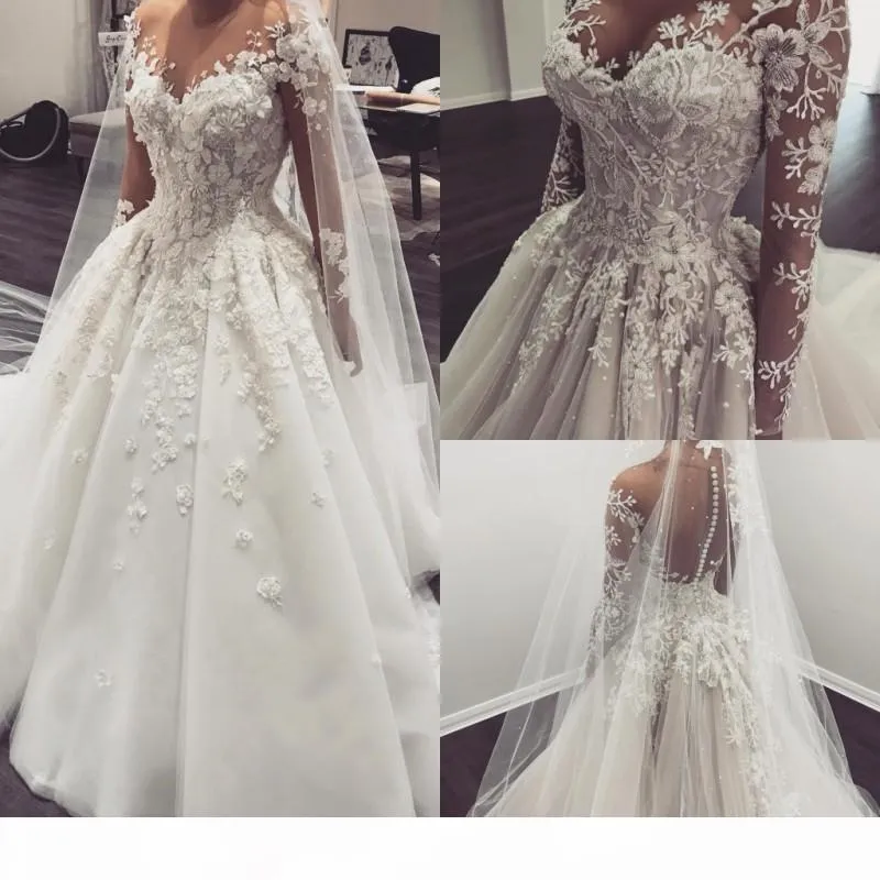 Robe De mariée longue et magnifique avec des appliques florales 3D, effet d'illusion, boutons couverts au dos, sur mesure, 2021