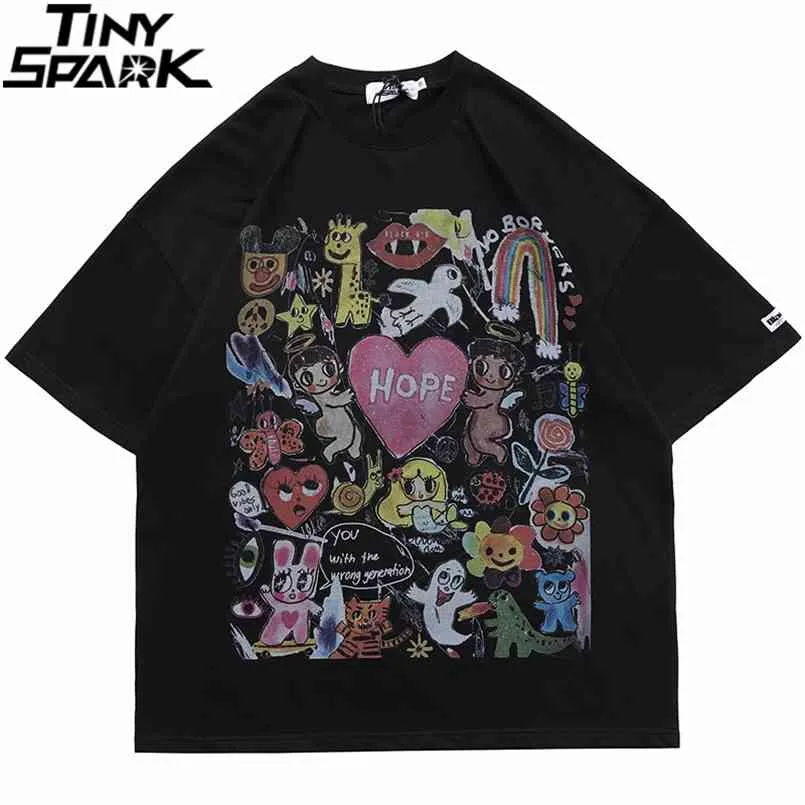 Män Oversize T Shirt Hip Hop Streetwear Painting Letter Heart Rainbow Angels Print Tshirt Harajuku Bomull Kortärmad T-shirt 210707