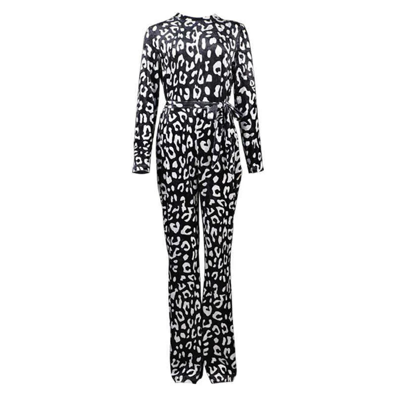 Leopard Print Velvet Jumpsuits för kvinnor Vintage Långärmad Slim Fit Wide Ben Byxor Midjebälte Tillfälligt Övergripande Fall Fashion 210527