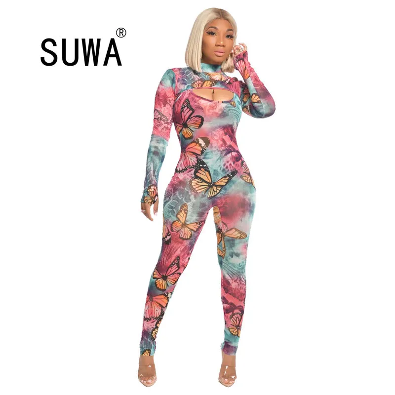 Women Retro Print Long Sleeve Crop Tops Bodycon Jumpsuit + Pants Two Piece Set Sexy Party Club Matching Fitness Outfits 210525