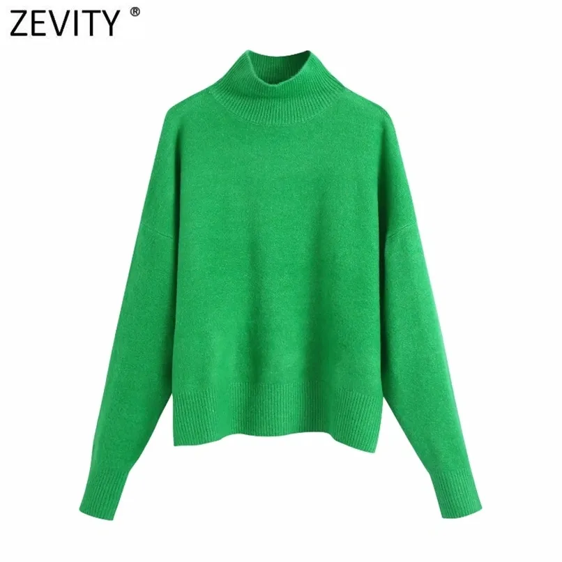 Zevity, suéter de punto informal de Color verde sólido con cuello falso para mujer, jerséis de manga larga básicos elegantes para mujer, Tops de marca SW900 211217