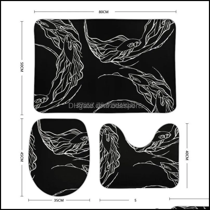 Bath Mats Koi Fish Swimming-black 3pcs Bathroom Set Coral Velvet Toilet Rug Cover Anti Slip Carpet For Home Decor