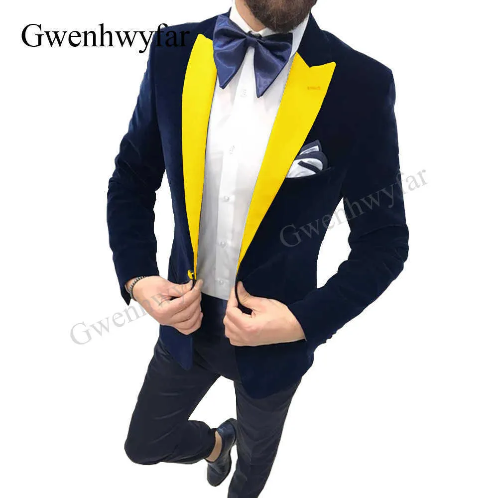 Gwenhwyfar High Quality Navy Velvet Mężczyźni Garnitury Groom Party Tuxedo 2020 Pokaż mody Stage Nosić Złotą Kapelę Kurtki Czarne Spodnie Zestawy X0909