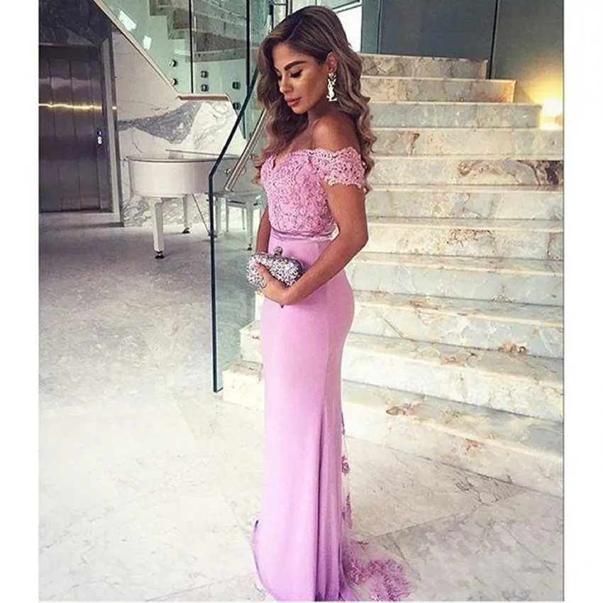 Light Purple Lace Beaded Off-Shoulder Mermaid Pink Lace Bridesmaid Dresses for 2021 Wedding with Buttons - Formal Party Gown for Maid of Honor (Style