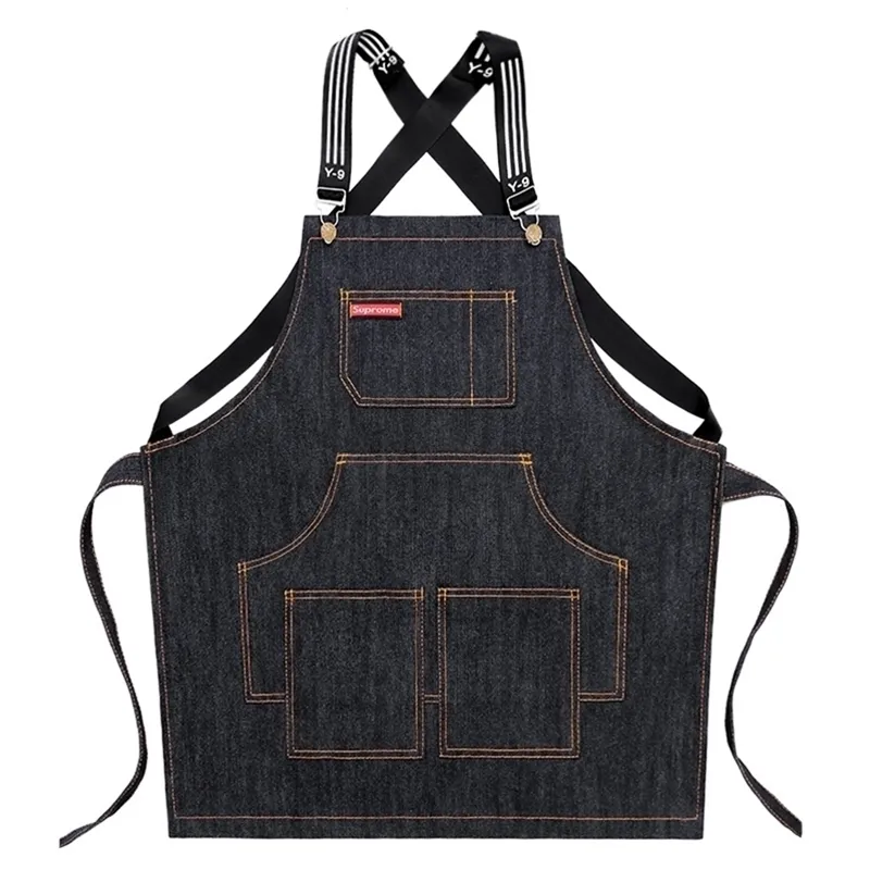 Schürze Denim Koreanische Mode Männer und Frauen Tasche Barista Friseurladen Malerei Erwachsene Restaurant Kochschürze Print Logo Y200103