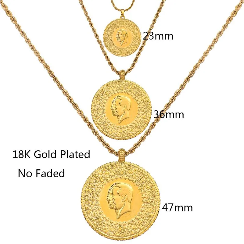 Naszyjniki wisiorek Trzy rozmiar muzułmańskiego islam Turcja Ataturk Arab for Women Gold Color Turkish Monety Biżuteria Prezenty etniczne 218L
