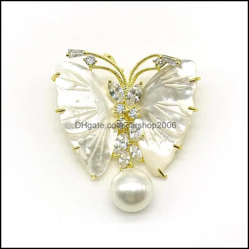 Pins, Brooches High Quality Natural Shell Butterfly Shape Brooch Delicate Jewelry Round Pearl Gold Filled Brass For Gift