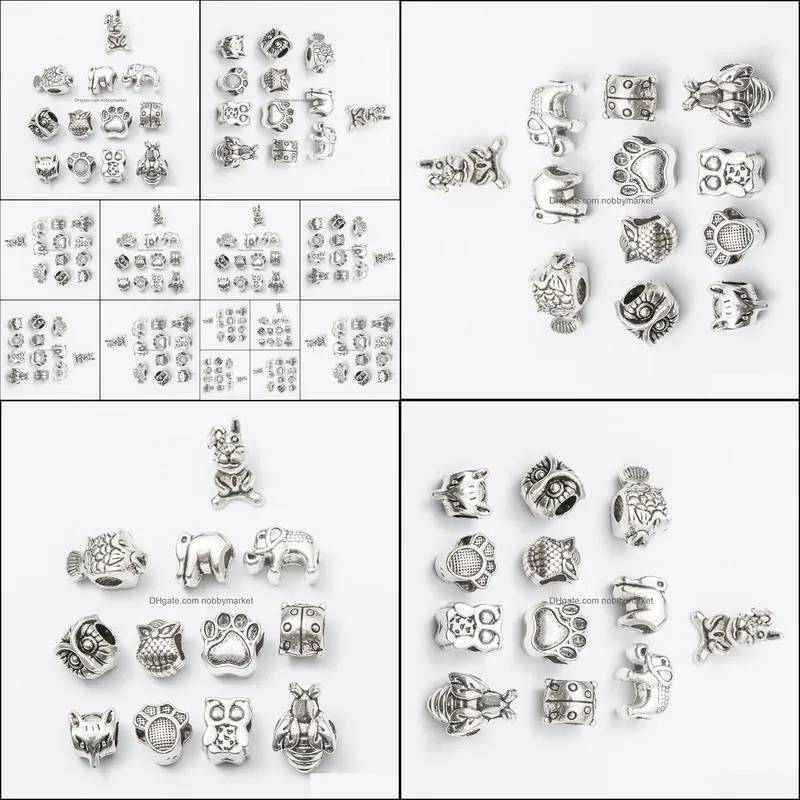Mix elephant owl dog Antique Silver Plated Alloy Big Hole Spacer Beads fit bracelet DIY Jewelry Necklaces & Pendants charms Beads