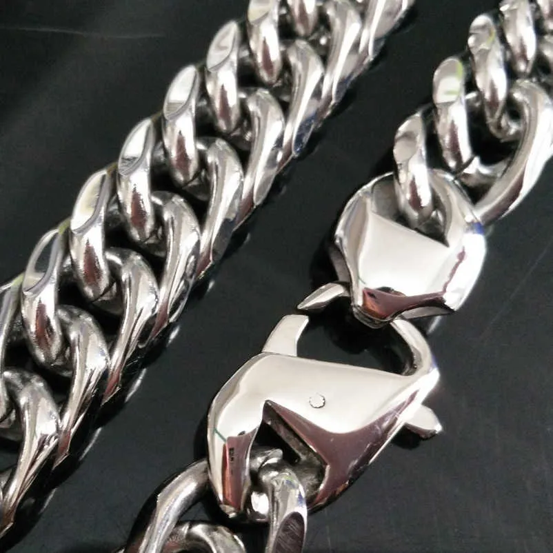 Men's Stainless Steel Punk Necklace or Bracelet, Polished Silver, Giant Cuban Chain, 14 / 16 / 19mm, 7-40 Inches Q0809